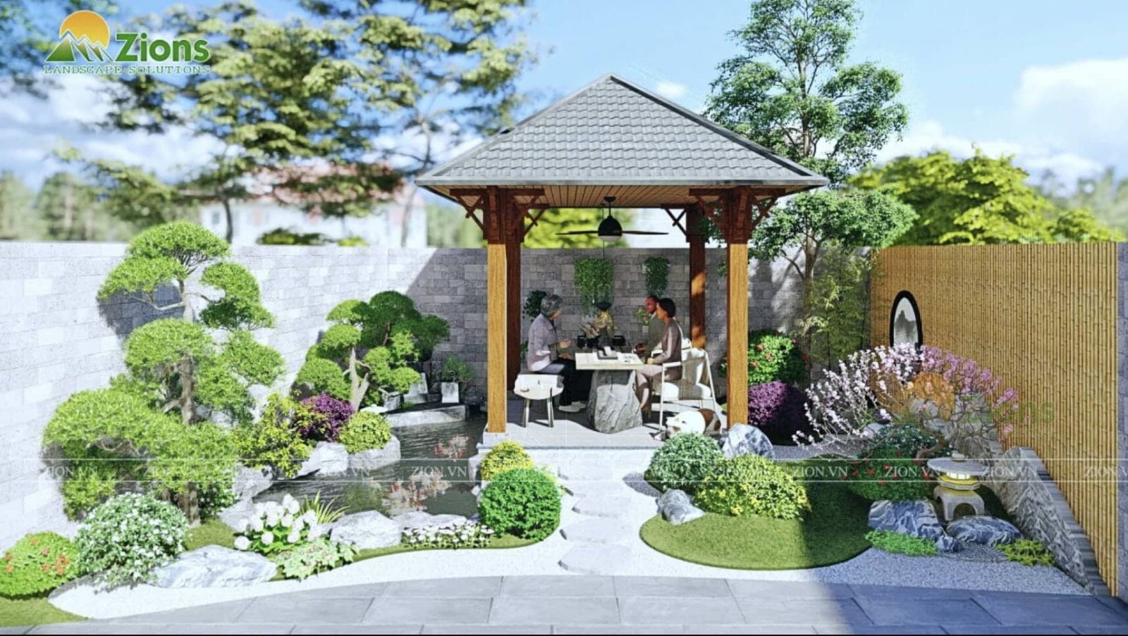 thiết kế sân vườn nhật gắn kết gia