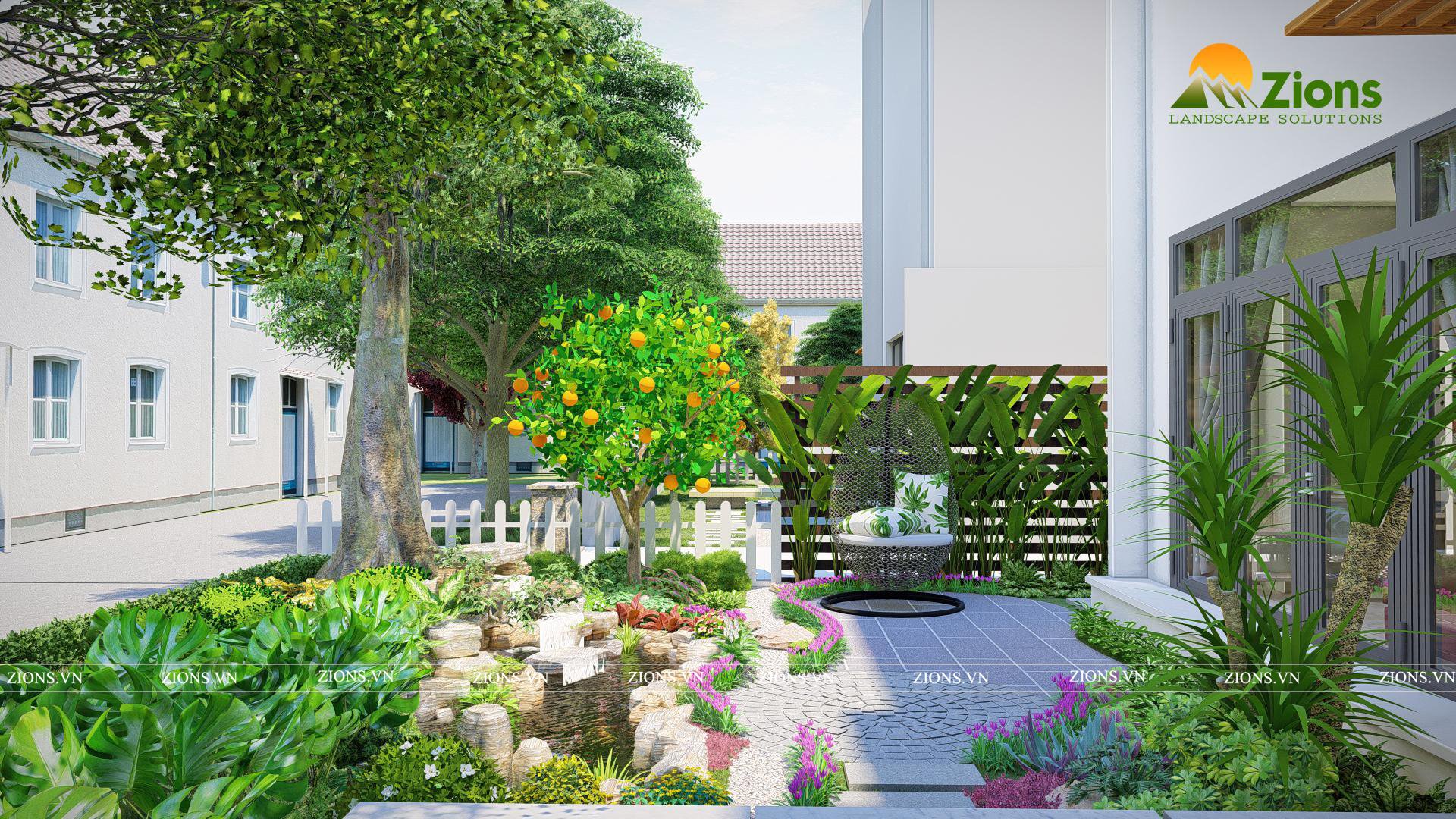 thiết kế sân vườn biệt thự vườn tùng ecopark - zions