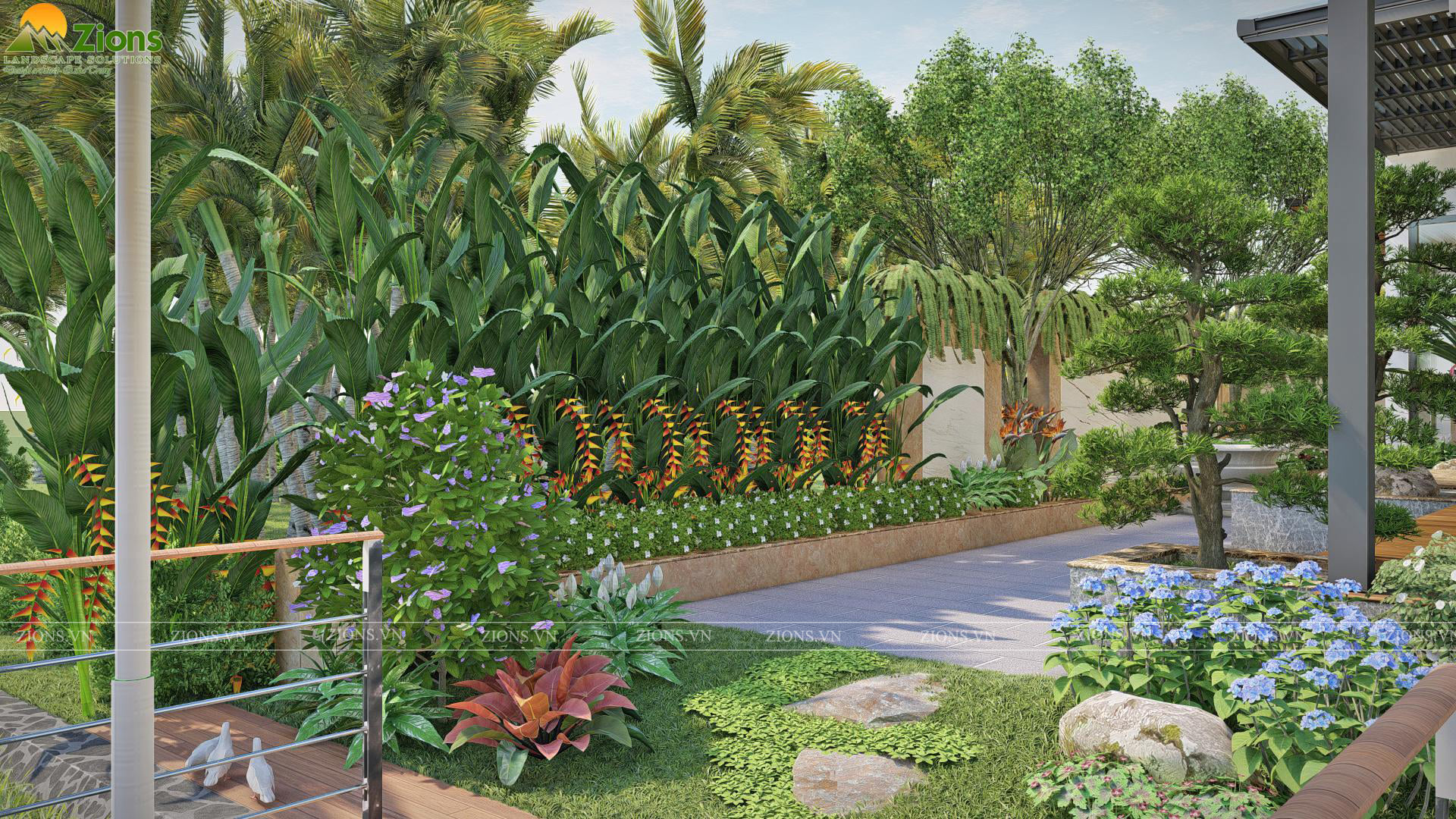 thiết kế sân vườn nhiệt đới tại biệt thự đảo ecopark