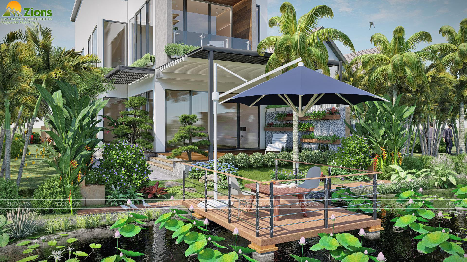 thiết kế sân vườn nhiệt đới tại biệt thự đảo ecopark