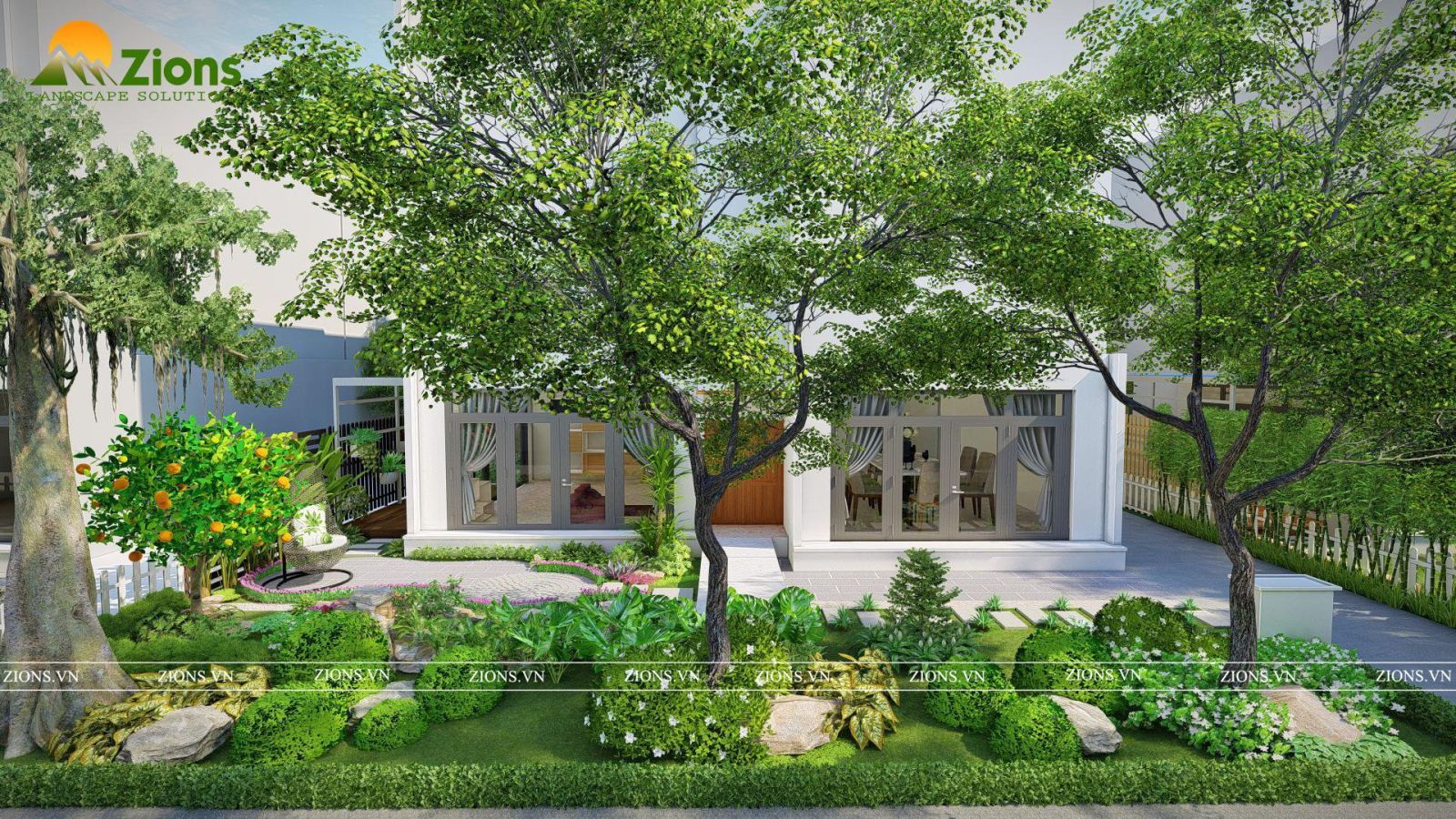 thiết kế sân vườn trước nhà tại ecopark