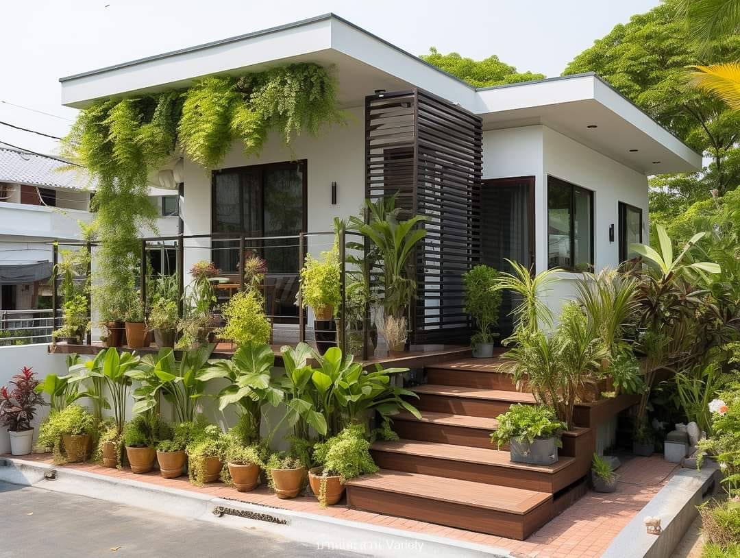 Bố trí chậu cây làm vườn trước nhà